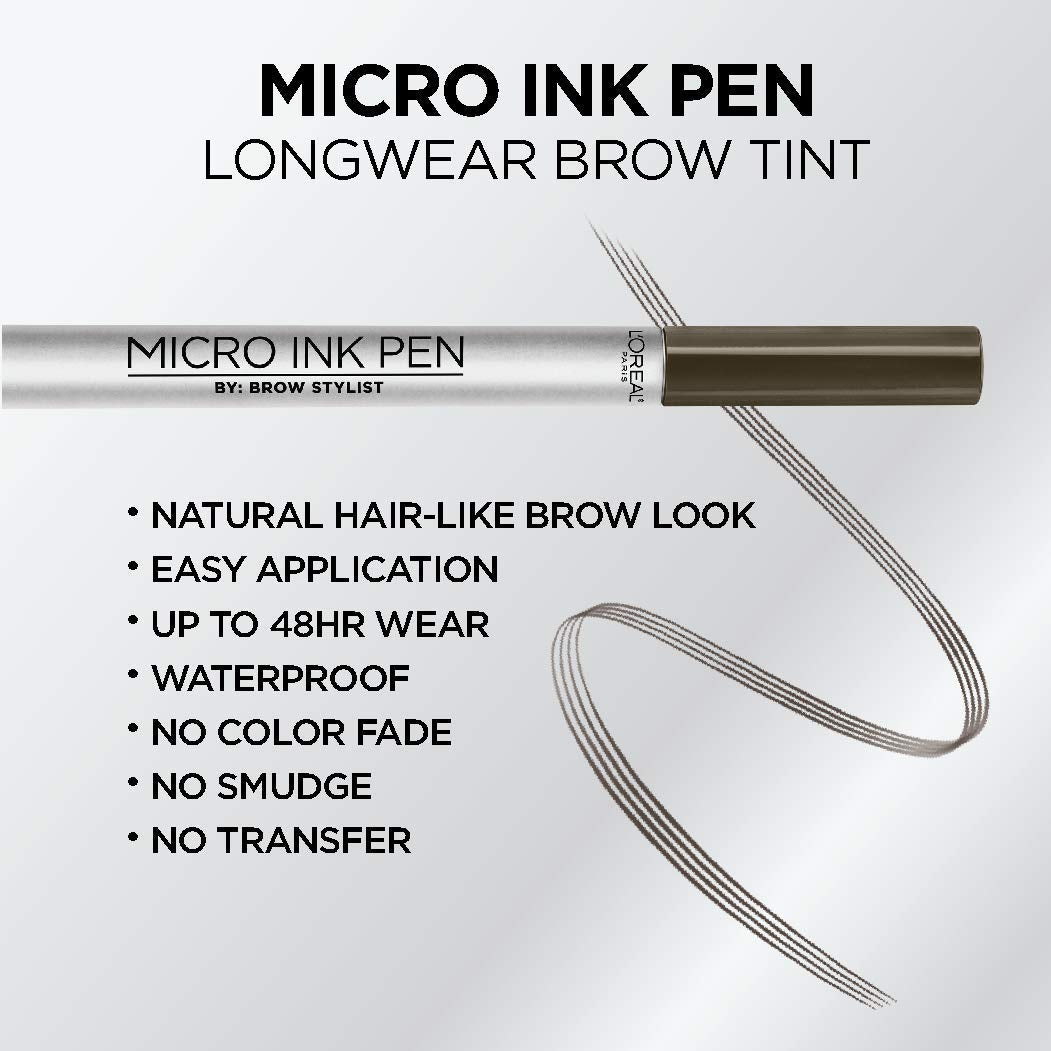 L'Oreal Paris Micro Ink Pen by Brow Stylist, Longwear Brow Tint, Hair-Like Effect, Up to 48HR Wear, Precision Comb Tip, Dark Brunette, 0.033 fl; oz.