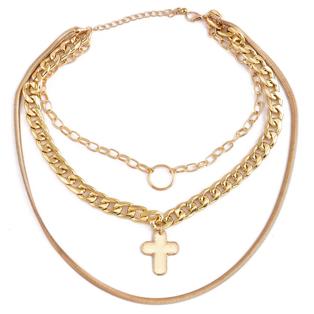 DoubleNine Ring Cross Choker Thick Gold Chain Choker 3 Layer Chain Curb Collar nNecklace for Women Girls Beauty & Personal Care Doubnine