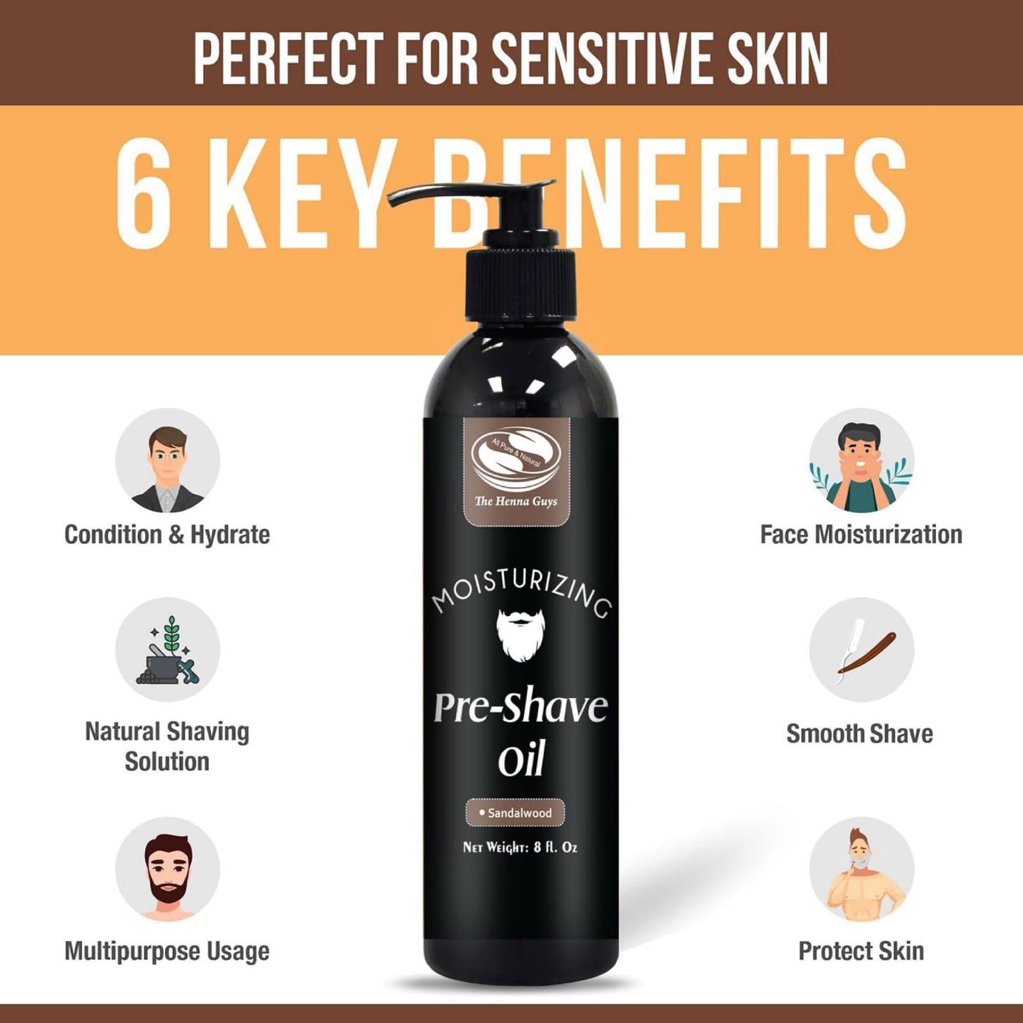 The Henna Guys 8 fl. Oz Pre-Shave & Beard Conditioning Oil for Men, Sandalwood Scent, with Jojoba, Argan, & Marula Oils, Free from Ammonia, Sulfate Beauty and Personal Care The Henna Guys
