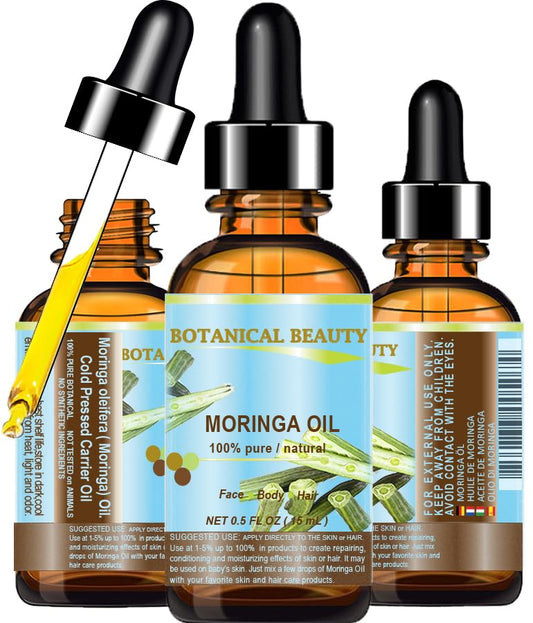 Botanical Beauty Moringa Oil 100% Pure Natural Undiluted Cold Pressed Carrier Oil for Face Skin, Hair, Lips, Nails. Rich in Vitamin C, Vitamin E (0.5 Beauty & Personal Care Botanical Beauty