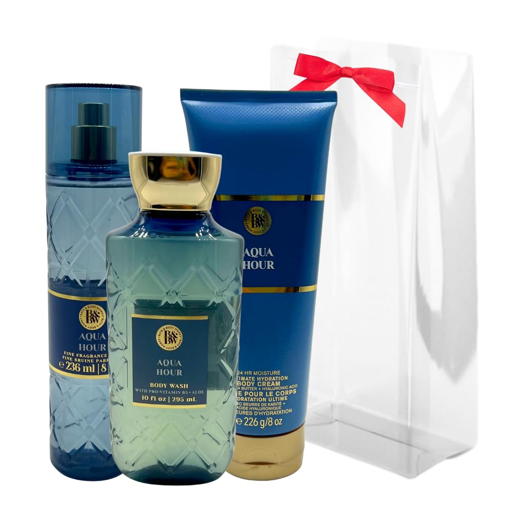 Bath & Body Works AQUA HOUR Fine Fragrance Mist, Ultimate Hydration Body Cream & Body Wash 3-piece Gift Set with a Red Bow for Holidays - Full Size Beauty and Personal Care Bath & Body Works