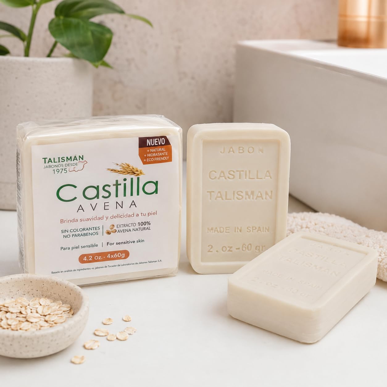 TALISMÁN Castilla Oatmeal Soap - 100% Natural and Preservative-Free for Sensitive Skin - Provides Softness and Elasticity, 2 oz Bars - 4-PACK Beauty & Personal Care TALISMÁN