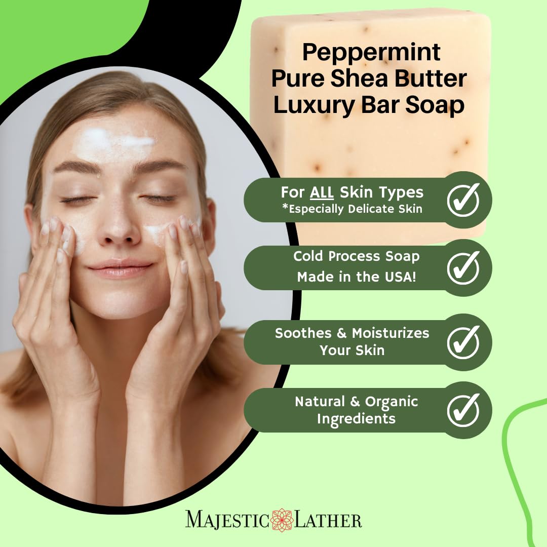 Majestic Lather Peppermint Exfoliating Luxury Bar Soap. For Men & Women. Moisturize, Nourish and Exfoliate Delicate Areas. For All Skin Types. Made in Beauty & Personal Care Majestic Lather