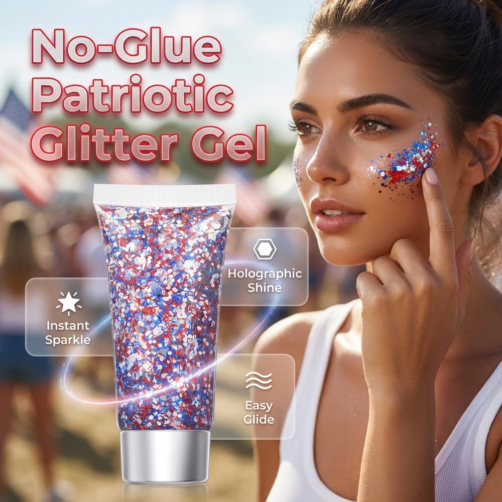 Red White Blue Hair Glitter Stick, 2026 New Patriotic USA Flag Star Chunky Face Body Outfits Sparkle Patriotic Pride Glitter for Soccer President's Beauty & Personal Care SundownAura