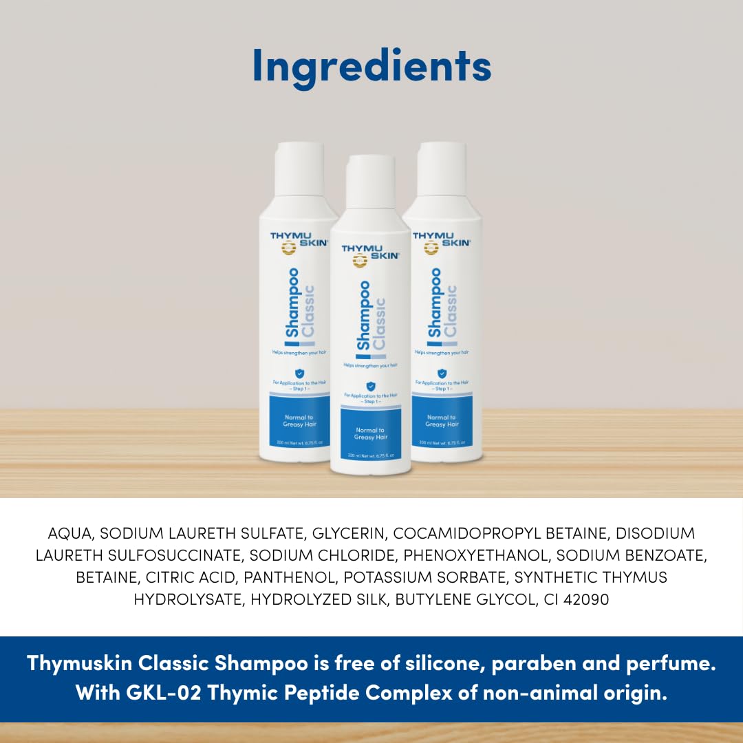 THYMUSKIN Classic Shampoo for Men & Women | GKL-02 Thymic Peptide Complex for Thinning Hair | Strengthens & Cleanses Normal to Oily Scalp | Silicone &