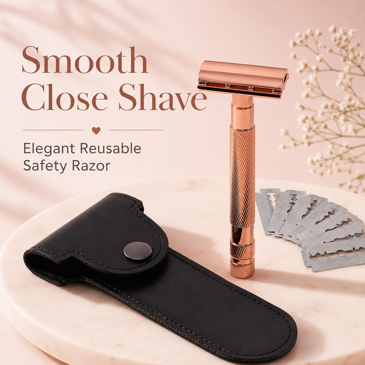 G.B.S Rose Gold Double Edge Safety Razor for Women with 10 Double Edge Safety Razor Blades Refills, Leather Razor Case Long Handle Metal Razor Beauty and Personal Care G.B.S