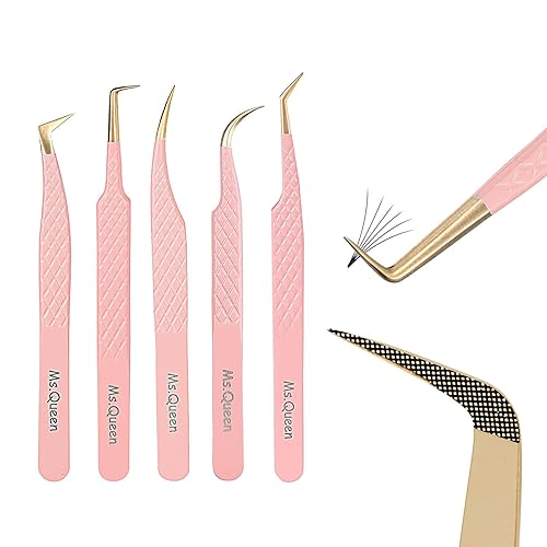 Ms.Queen Eyelash Extension Tweezers Set,Fiber Tip Volume Tweezers Curved 45 90 Degree Angled Tip Lash Tweezers for Mega Volume Mink Lashes Beauty & Personal Care Ms.Queen