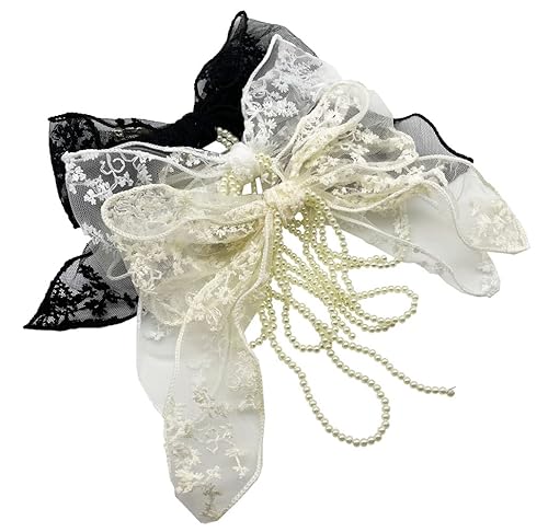 Sovenny 3 Pieces Lace Bow Pearl Chain Hair Clips Flower Embroidery Non Slip Hair Bow Barrettes for Women and Girls (White, Beige, Black) Beauty & Personal Care Sovenny