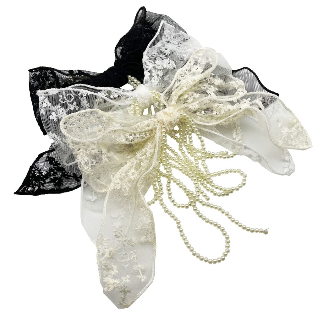 Sovenny 3 Pieces Lace Bow Pearl Chain Hair Clips Flower Embroidery Non Slip Hair Bow Barrettes for Women and Girls (White, Beige, Black) Beauty & Personal Care Sovenny