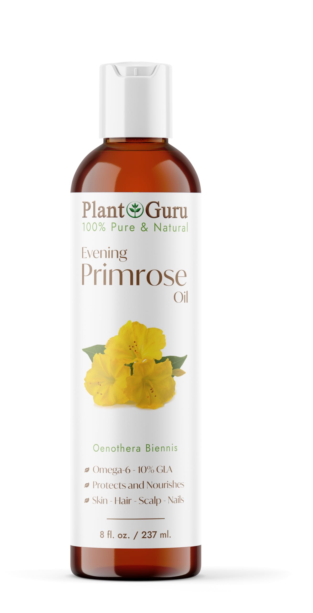 Plant Guru Evening Primrose Oil 8 fl. oz. Cold Pressed 100% Pure Natural Carrier - Skin, Face, Body and Hair Growth Moisturizer. Great For DYI Soap Beauty & Personal Care Plant Guru
