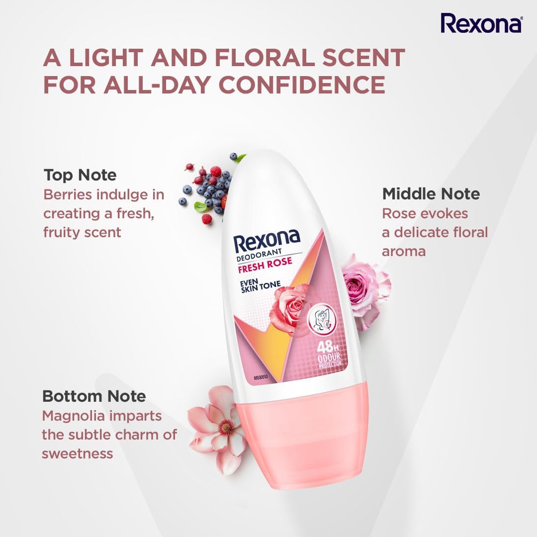 Rex-ona Fresh Rose Roll-On Deodorant for Women, 50 ml, Pack of 3, Alcohol-Free with Glycerine, Antiperspirant for Even Skin Tone Beauty and Personal Care Metrey Herbotech