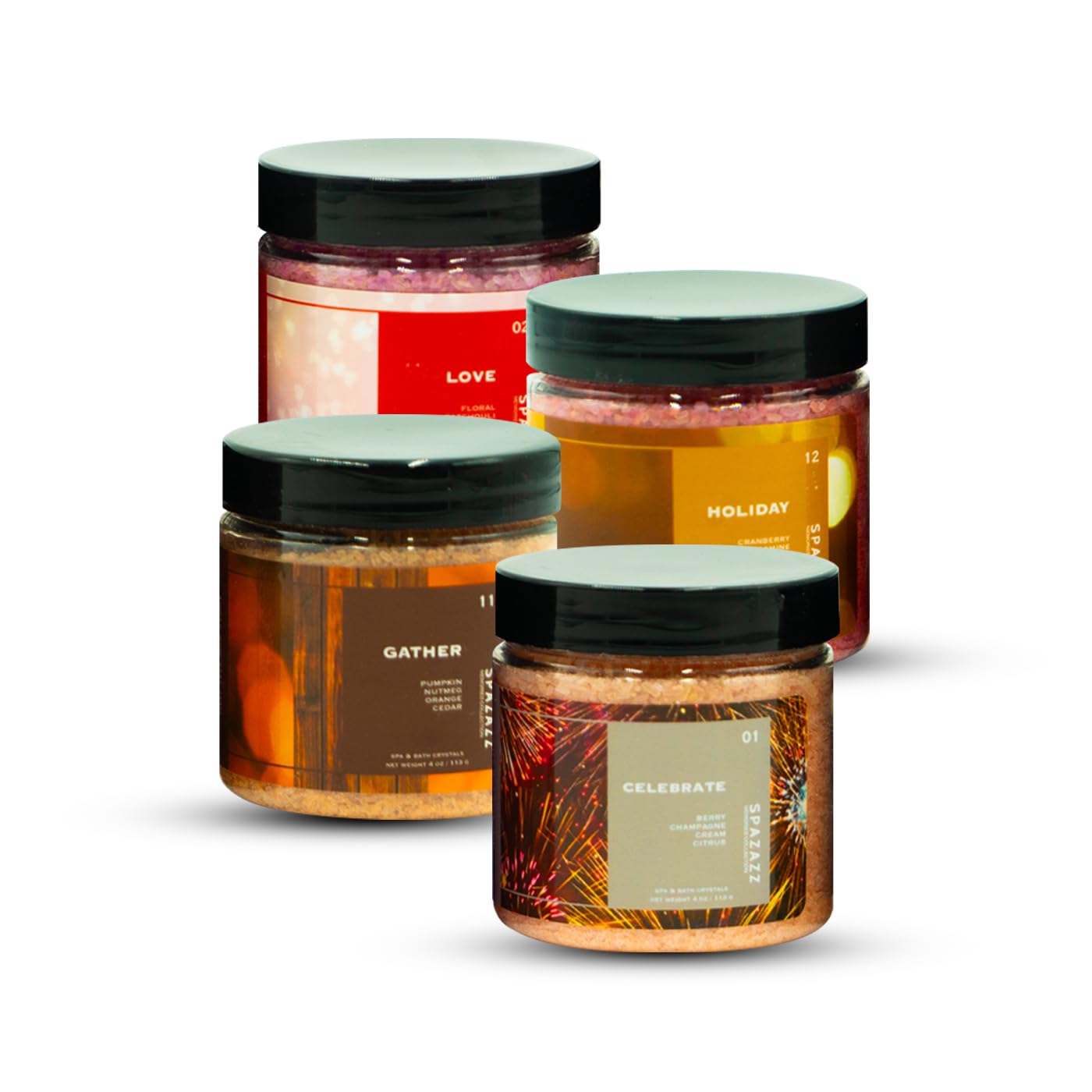 Spazazz Hot Tub Aromatherapy Memories Collection Bath Salts Set Four-4 Oz Pack - Love, Holiday, Celebrate, Gather - Spazazz Hot Tub Crystals and Bath Beauty and Personal Care Spazazz