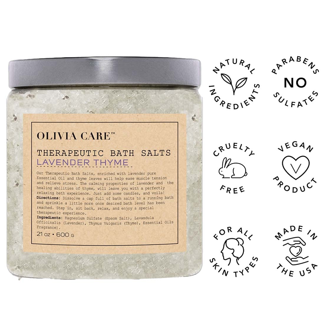 Olivia Care Epsom Bath Salts with Lavender Thyme - Therapeutic, Relieve Stress & Relax Muscles. Exfoliate, Rejuvenate, Calming & Healing - Infused Beauty and Personal Care Olivia Care