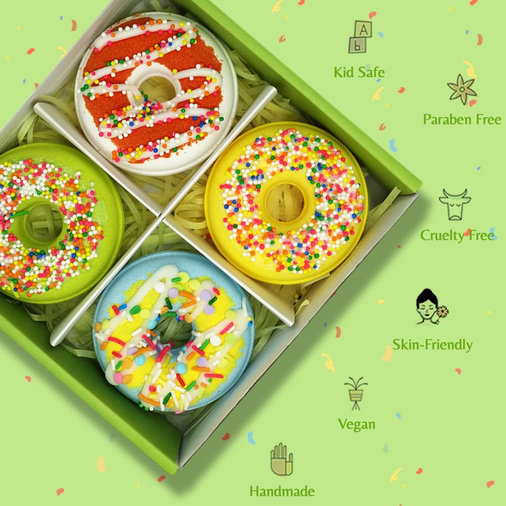 KAV Donut Bath Bombs Gift Set - 4 Piece Handmade Organic Bath Bomb Kit with Essential Oils - Relaxation Spa Gift for Women, Men, Teens, Kids - Self Beauty and Personal Care KAV