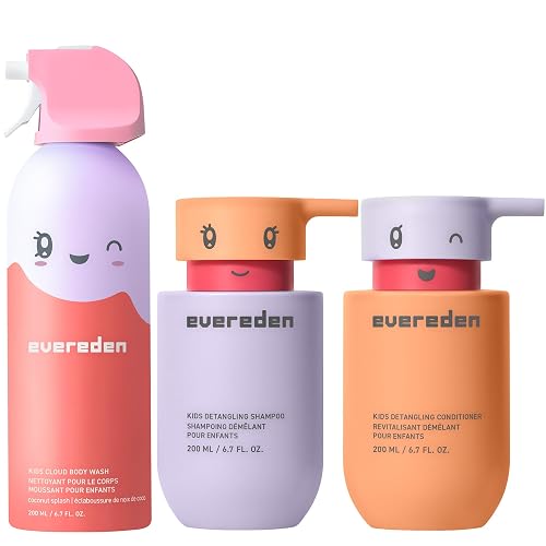 Evereden Kids Bathtime Trio: Hair Detangling Shampoo & Conditioner Set + Cloud Body Wash - Clean & Vegan Kids Haircare Set Paired With Fun Foaming Beauty & Personal Care Evereden
