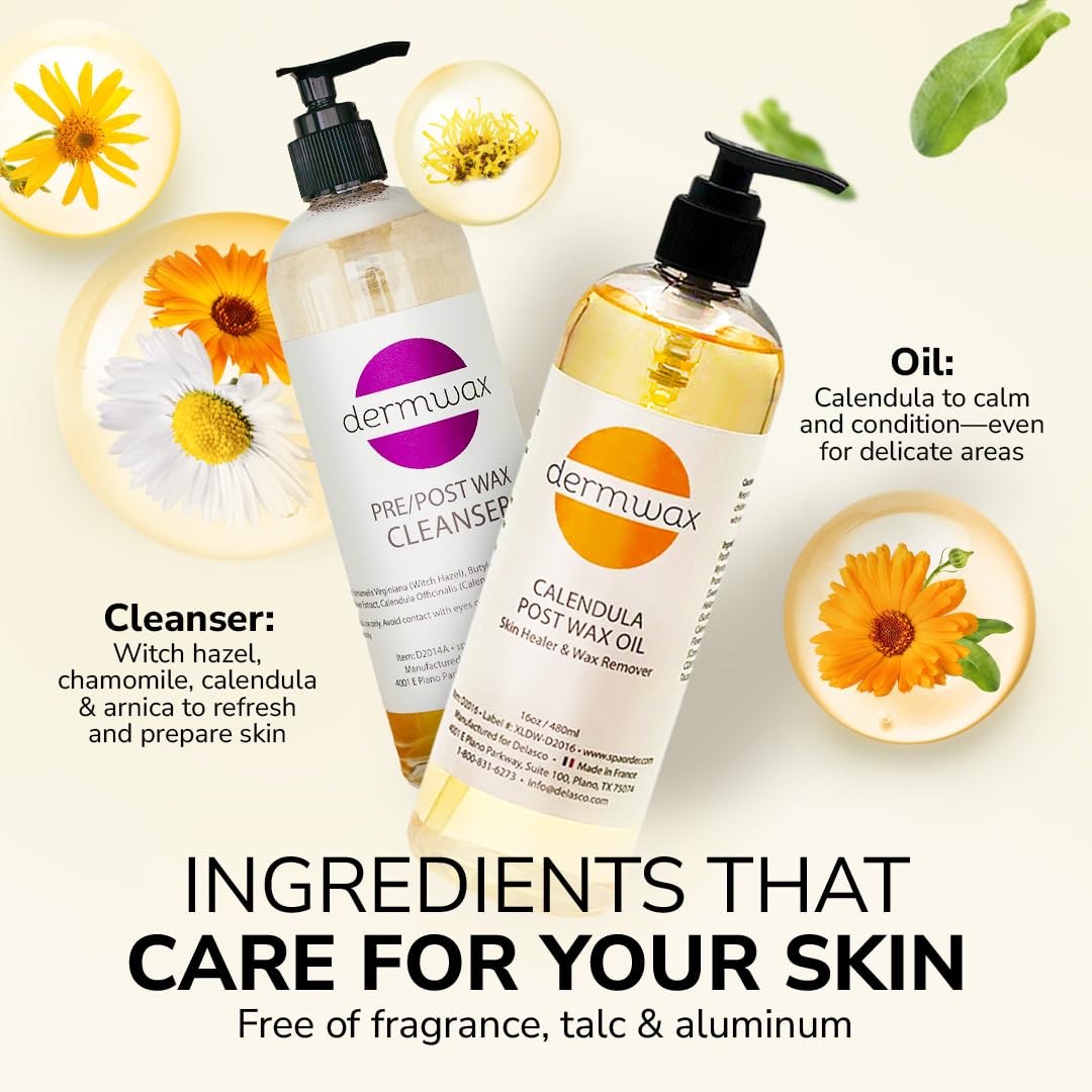 Dermwax Pre and Post Wax Care Kit - Complete Prep & Aftercare in One Set - Cleanser Removes Oils & Residue - Calendula Oil Calms & Nourishes Skin Beauty and Personal Care Dermwax