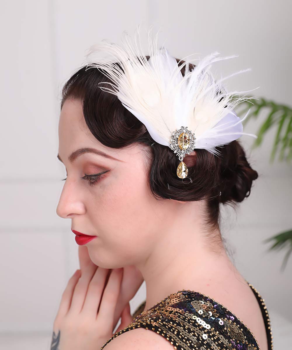 Aimimier Bridal 1920s Flapper Feather Hair Clip Crystal Teardop White Feather Roaring 20s Headpiece Prom Party Festival Hair Jewelry for Women Beauty & Personal Care Aimimier