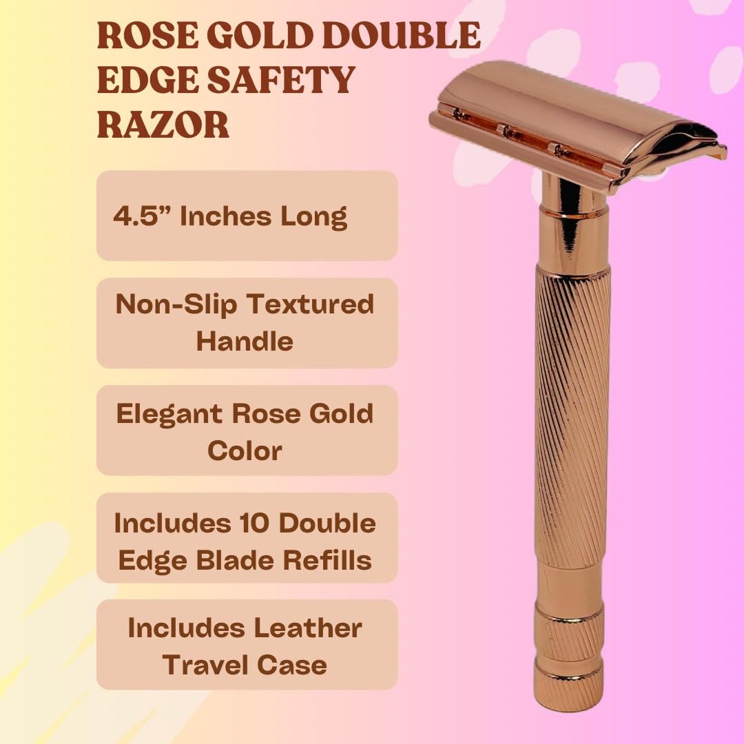 G.B.S Rose Gold Double Edge Safety Razor for Women with 10 Double Edge Safety Razor Blades Refills, Leather Razor Case Long Handle Metal Razor Beauty and Personal Care G.B.S