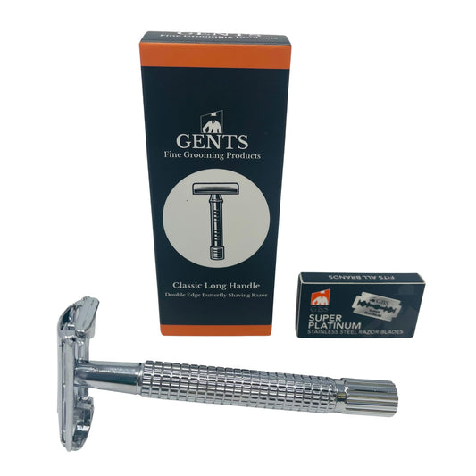 GENTS Long Handle Classic Double Edge Safety Razor - Butterfly Open Razor 10 Stainless Steel Double Edge Blade Refills - Close, Clean Shaving Razor Beauty and Personal Care G.B.S