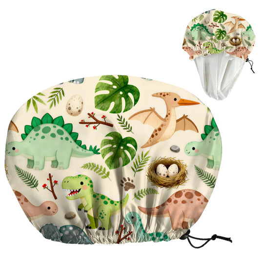 DELORIGIN Dinosaurs Leaves Reusable Shower Cap Cute Double Layer Waterproof Shower Caps Large Elastic Hair Cover Adjustable Hair - Drying Caps Beauty and Personal Care DELORIGIN