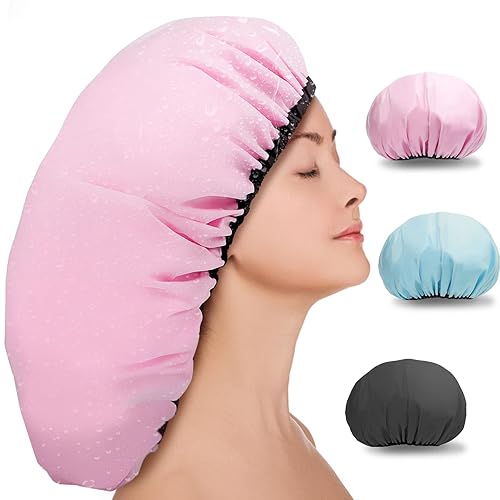 3 Pcs 16.5" Super Extra Large Shower Cap, Reusable Dual Waterproof Shower Cap for Women, Jumbo Satin Lined Shower Cap for Braids & Long Hair, XXL Beauty & Personal Care SHEOMERN
