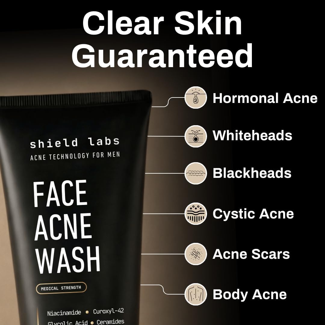 Shield Face Acne Wash for Men and Boys, Curoxyl-42 Face Wash to Clear, Treat, and Prevent Acne, Gentle formula with Niacinamide, Hyaluronic Acid, Beauty and Personal Care Shield