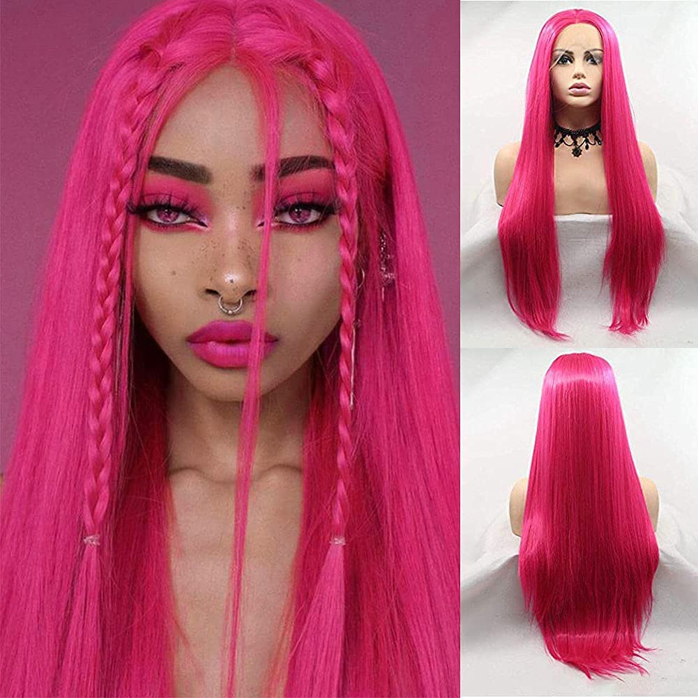 Kalisa Rose Lace Front Wigs for Women Long Straight Rose Red Nature Hairline Wig Heat Resistant Fiber Premium Glueless Wig for Cosplay Party 24’’