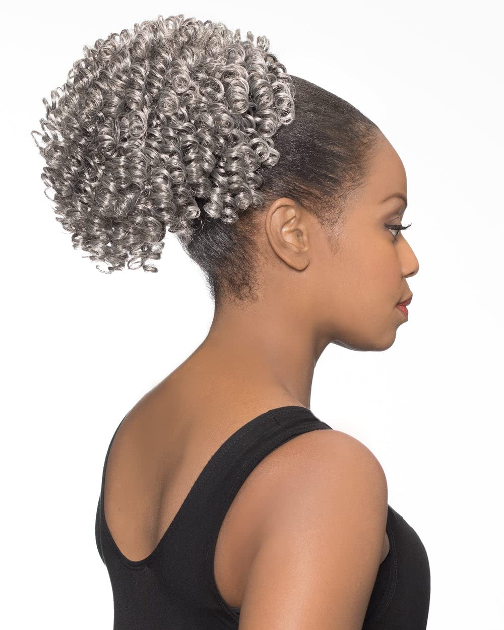 Foxy Silver DS014 Color 4 Med Dark Brown Wigs Curly Medium Length Hairpiece Synthetic Drawstring Ponytail African American Womens Spiral Grey