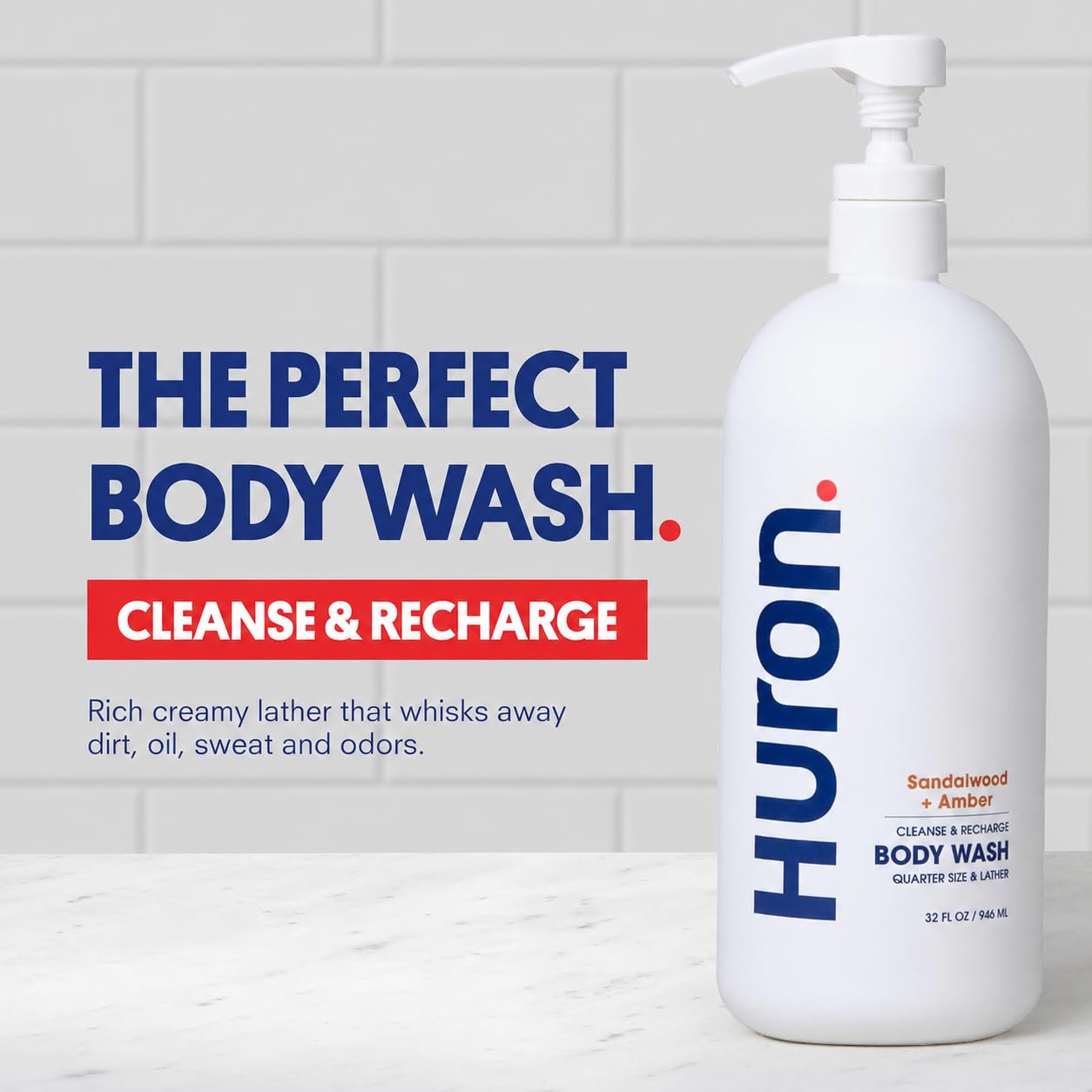 Huron Body Wash for Men and Women, Hydrating Daily Cleanser with Sandalwood + Amber Scent, Moisturizing Shower Gel, non-toxic, Phthalate-Free Clean Beauty & Personal Care Huron