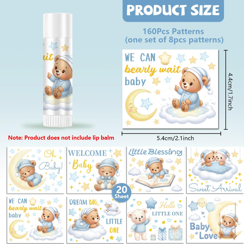 Peacoblue 160Pcs Lip Balm Labels Sticker for Tubes 2.1"x1.7" Baby shower teddy bear, 8 Styles Waterproof Chapstick Labels Glossy for Homemade Lip Balm Beauty and Personal Care peacoblue
