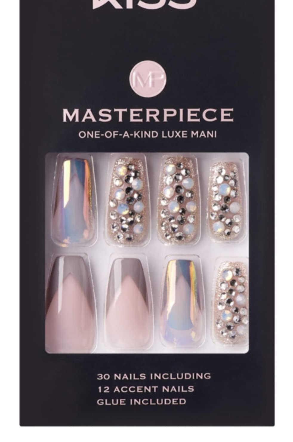 KISS Masterpiece One-Of-A-Kind Luxe Mani Premium Special Effects Design Coffin Shape Glossy Iridescent Glue-On Long Length Nails with Faux Jewels MP01 Beauty & Personal Care KISS
