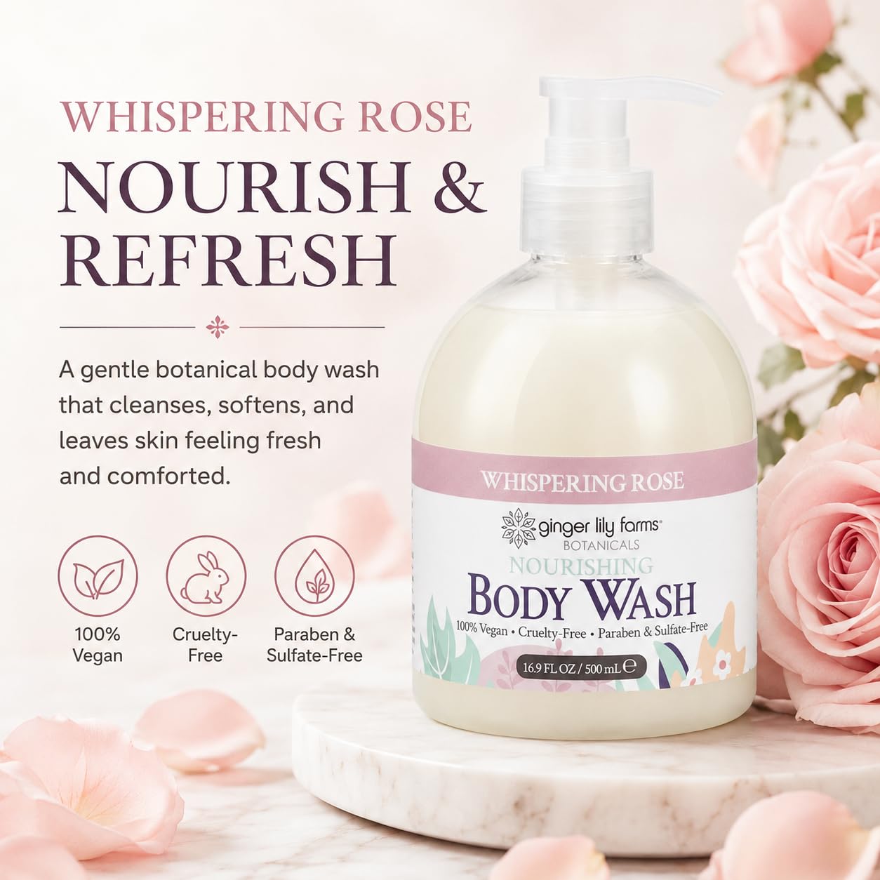 Ginger Lily Farms Botanicals Nourishing Body Wash, 100% Vegan & Cruelty-Free, Whispering Rose Scent, 16.9 Fl Oz Beauty & Personal Care Ginger Lily Farms