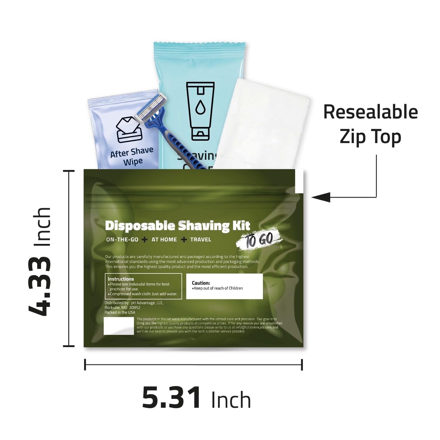 Travel Shaving Kit with Razor, Shaving Cream, Washcloth and Aftershave Wipe, Men's Disposable Grooming Pack (Green) (1) Beauty and Personal Care pH Advantage