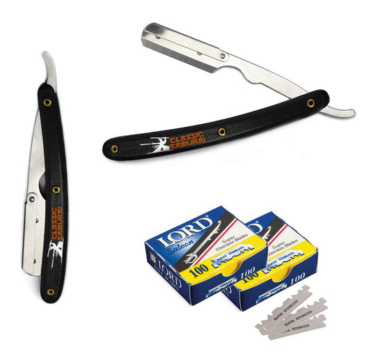 Classic Samurai Stainless Steel Professional Barber Folding Straight Edge Razor Shavette Men's Shaving Kit with 200 Count Lord Single Edge Razor Beauty and Personal Care Classic Samurai