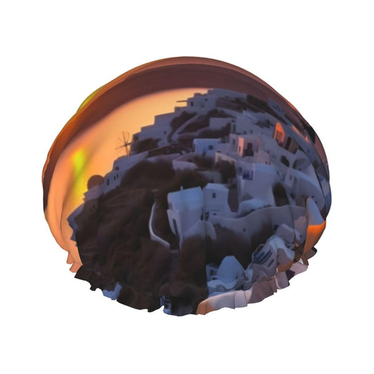 Greece Island Sunset Landscape Shower Cap for Women Men Large Reusable Shower Bonnet Double-Layer Waterproof Bath Caps Elastic Band Hair Hat for All Beauty and Personal Care BWLHJKE