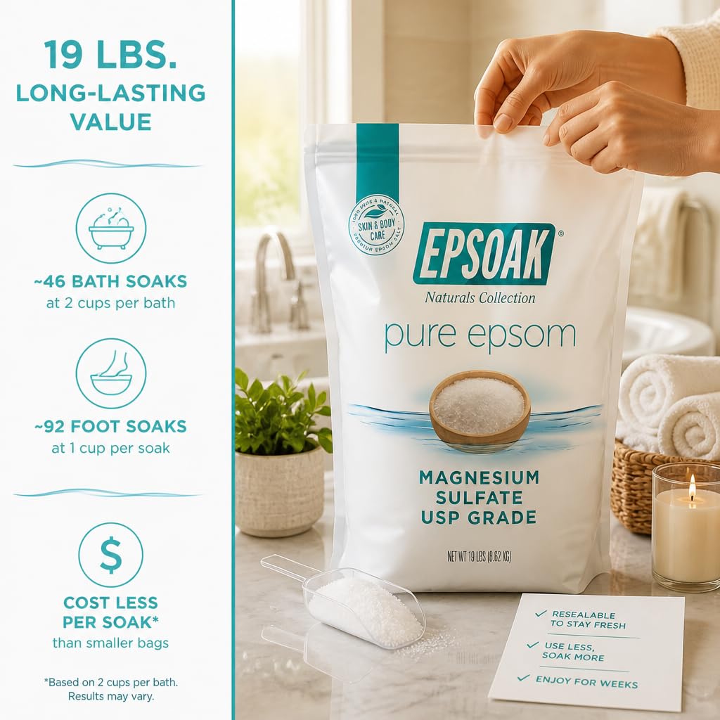 Epsoak Epsom Salt 19 lb. Magnesium Sulfate USP. Resealable Epsom Salt Bag Unscented, Made in The USA, Cruelty-Free Certified Beauty and Personal Care Epsoak