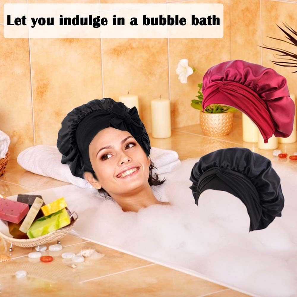WUBAYI 2PCS Satin Sleep Cap, Silk Bonnet Hair Wrap for Sleeping, Hair Bonnet for Bath, Tie Band for Women Long Curly Braid Hair (Black, Red) Beauty & Personal Care WUBAYI