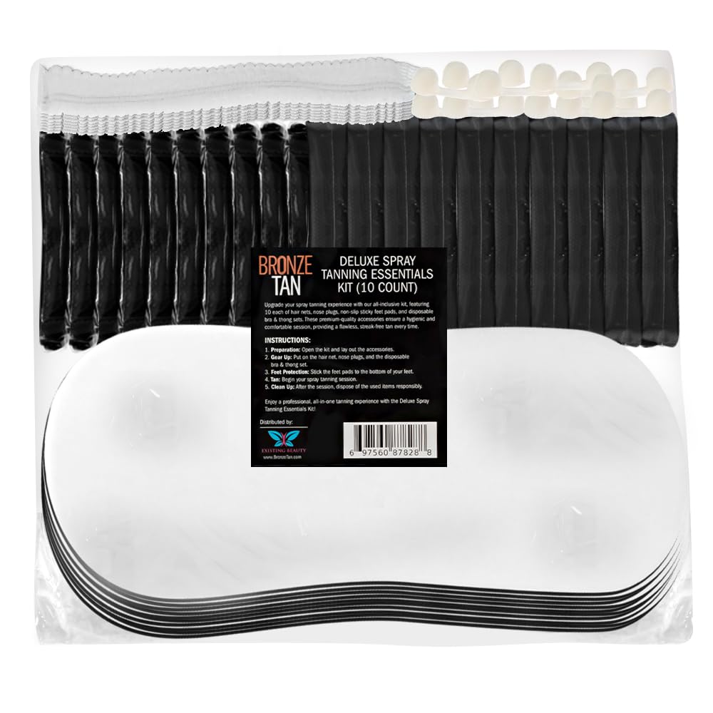 Bronze Tan Spray Tanning Essentials Kit: 10 Each Hair Nets, Nose Plugs, Sticky Spray Tan Feet Pads & Disposable Undergarments - Premium Quality Beauty & Personal Care Existing Beauty