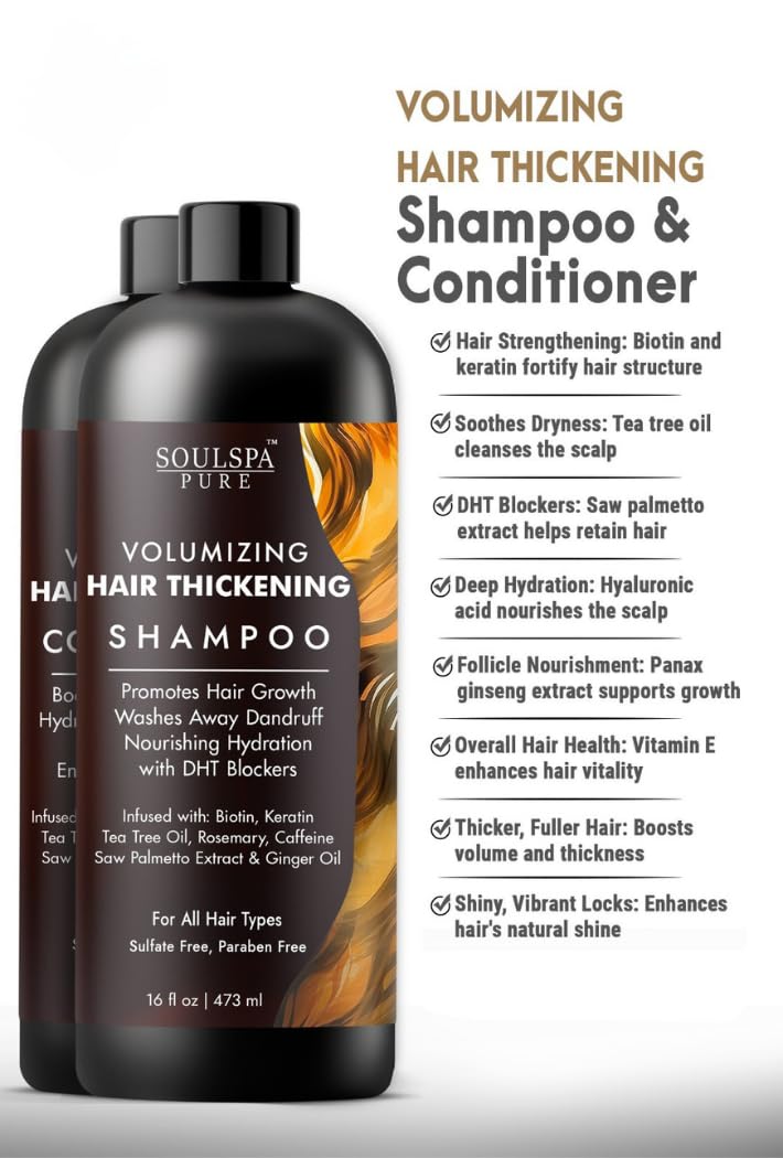 SOULSPA PURE Thickening Shampoo and Conditioner Set - Volumizing Formula with DHT Blockers, Biotin, Keratin, Caffeine & Saw Palmetto - Hair Thickening Beauty & Personal Care SOULSPA PURE