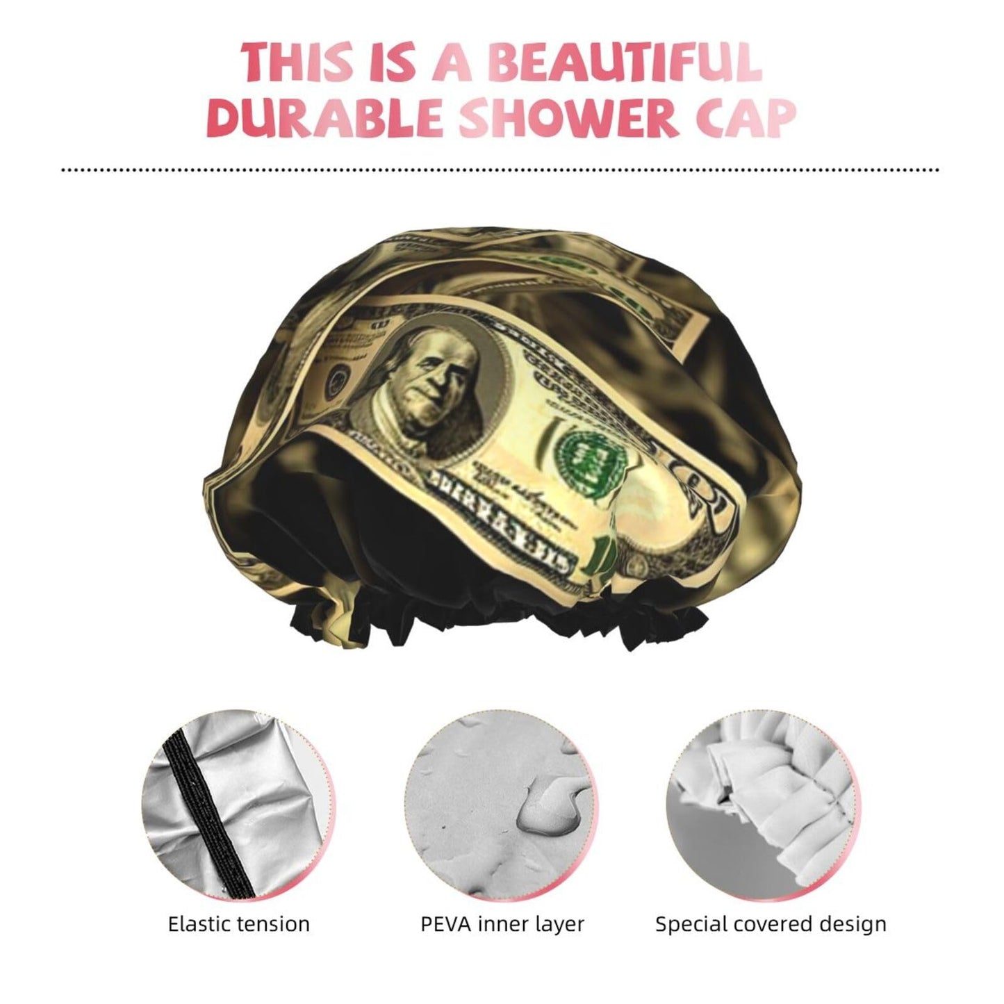 Dollar Sign Money Shower Cap For Women Reusable Double Layers Bathing Bath Cap Hair Caps Waterproof Elastic Band Ladies Spa Salon Shower Hat Hair Caps Beauty and Personal Care GDSHJKLW