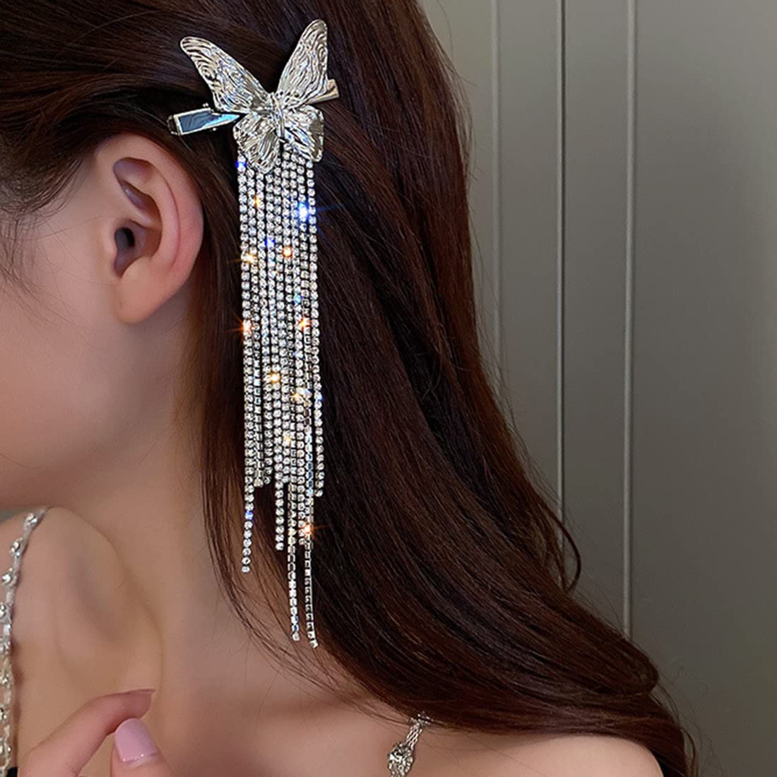 Wekicici Butterfly Rhinestone Tassel Clips Rhinestone Hair Clips Butterfly Tassel Hair Accessories for Women and Girls, silver Beauty & Personal Care wekicici