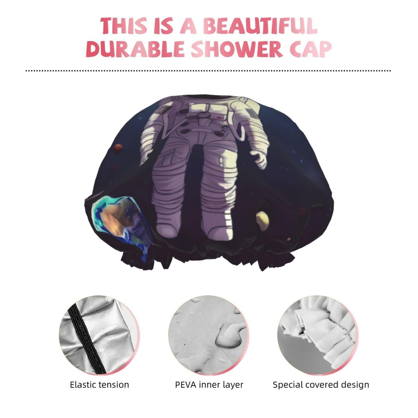 Astronaut solar system planets Shower Cap for Women Men Large Reusable Shower Bonnet Double-Layer Waterproof Bath Caps Elastic Band Hair Hat for All Beauty and Personal Care BWLHJKE