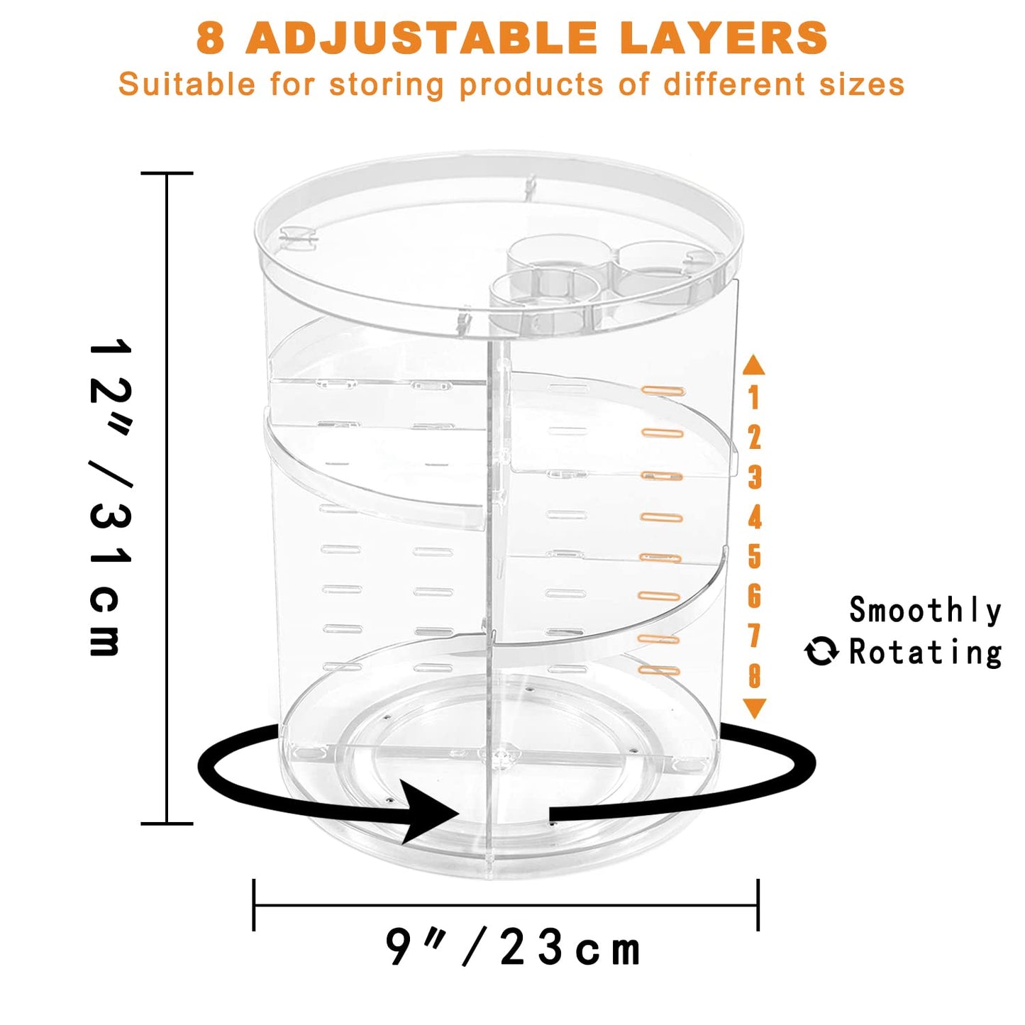 Rotating Makeup Organizer, DIY 8 Adjustable Layers Spinning Skincare Storage, Cosmetic Display Case with Brush Holder and Perfume Tray, Multi-Function Beauty and Personal Care Jiavarry