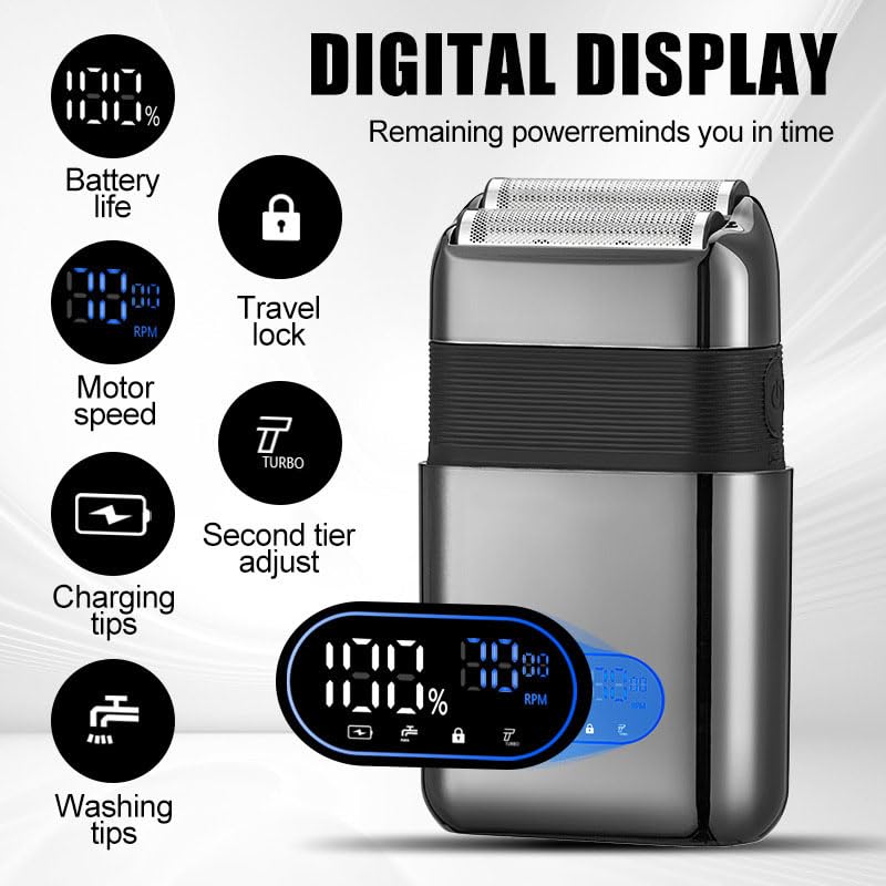 Electric Foil Shavers for Men: Portable Travel Razor with Big LED Display & 3 Floating Blades - IPX7 Waterproof Wet Dry Face, USB Beauty and Personal Care QDKVTNDJZ