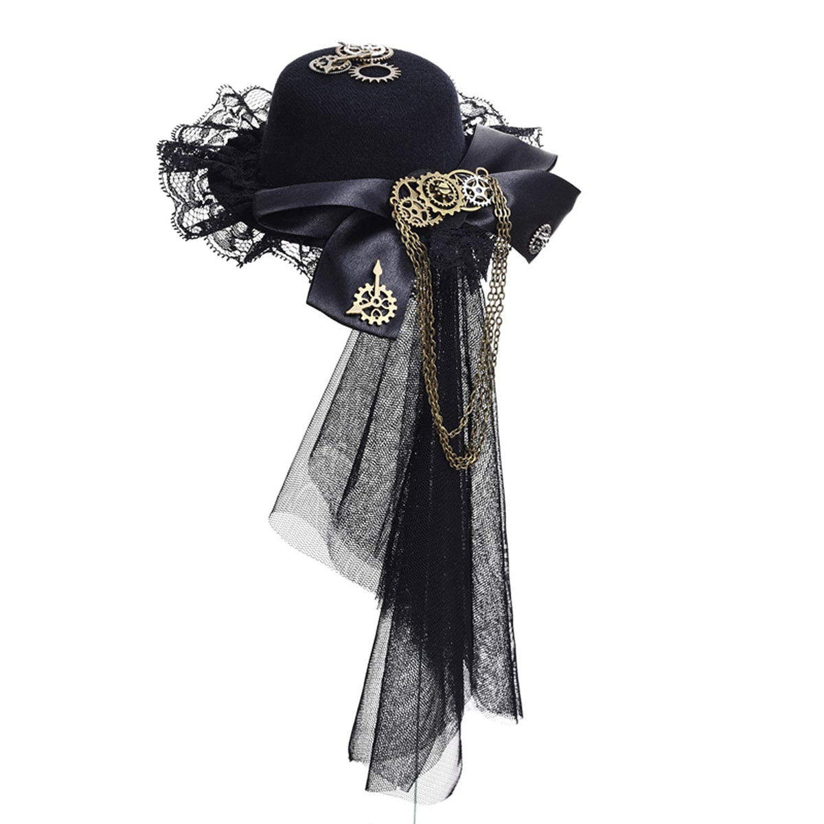Womens Girls Vintage Lace Veil Tassels Steampunk Hair Clip Gears Bow-tie Mini Top Hat Gothic Lolita Fedoras Headwear