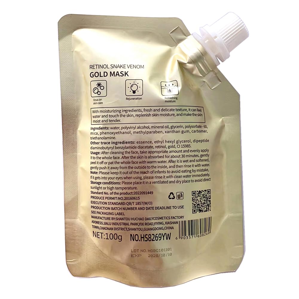 Retinol Snake Venom Gold Peel-Off Mask 100g – Anti-Aging Face Mask to Reduce Wrinkles, Fine Lines, Acne & Minimize Pores, Moisturizing Beauty & Personal Care Yanficer