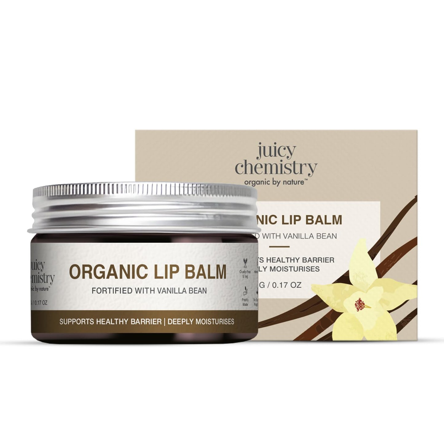 Juicy Chemistry Vanilla Bean Organic Lip Balm, 5 g - Enriched with Delicate, Dreamy, Vanilla Beans, Cocoa Butter, Jojoba & Argan Oil to Smooth Beauty and Personal Care Juicy Chemistry