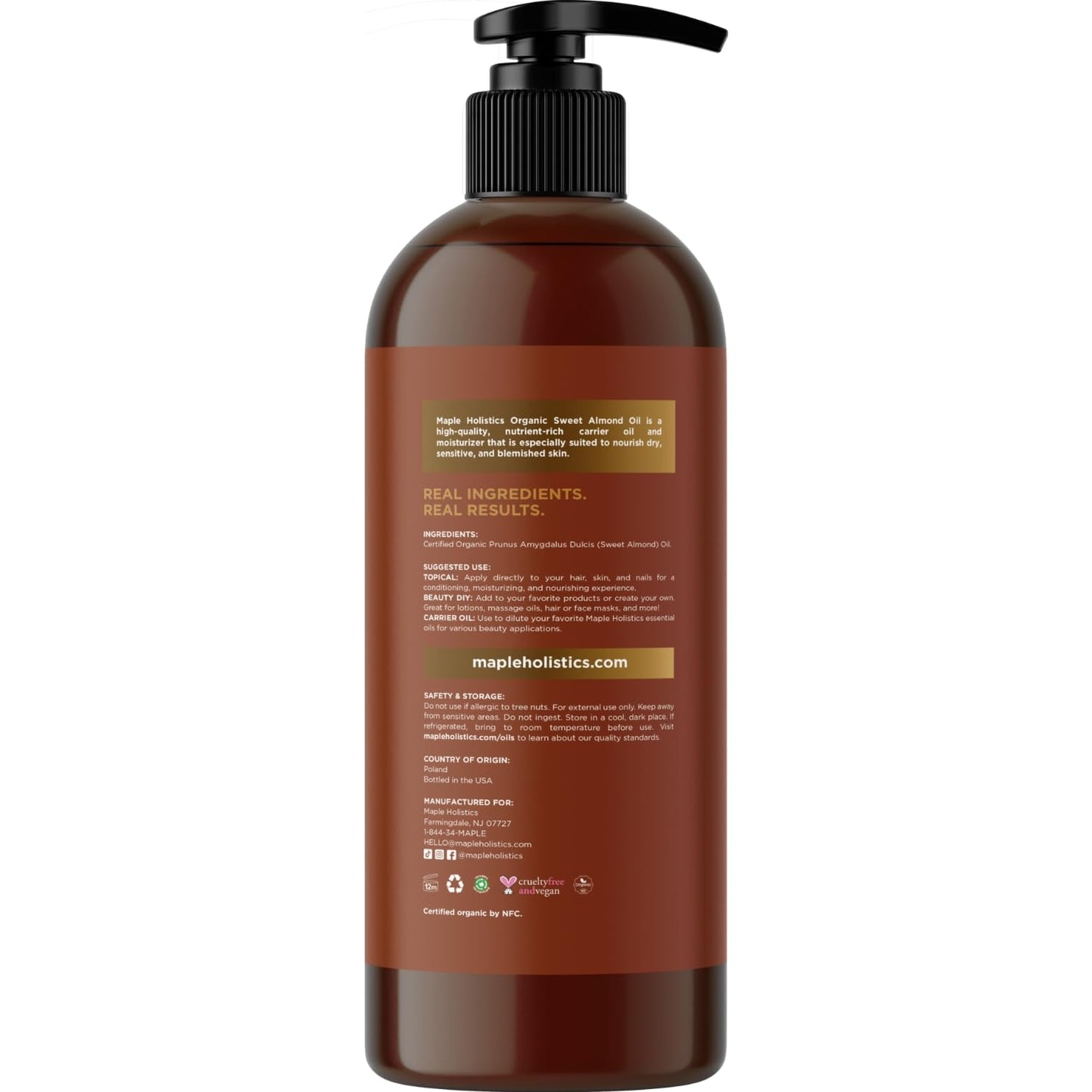 USDA Organic Sweet Almond Oil - Pure Cold Pressed Organic Almond Oil for Skin Hair and Nails - Moisturizing Organic Body Oil for Women and Men plus Beauty & Personal Care Maple Holistics