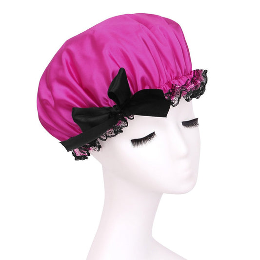 Ruilogod Rose Red Polyester PEVA Dual Layers Bow Lace Waterproof Bath Hair Cap Hat (id: f7b a07 f79 4ec 016 Beauty and Personal Care Ruilogod
