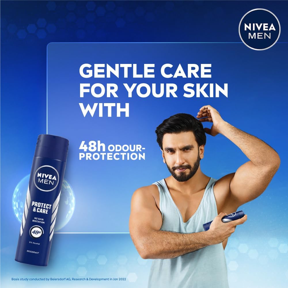NIVEA MEN Protect & Care Anti-Perspirant Deodorant Spray, 0% Alcohol, 48H Odor Protection, Skin-Friendly, Woody Masculine Scent, Dermatologically Beauty and Personal Care NIVEA